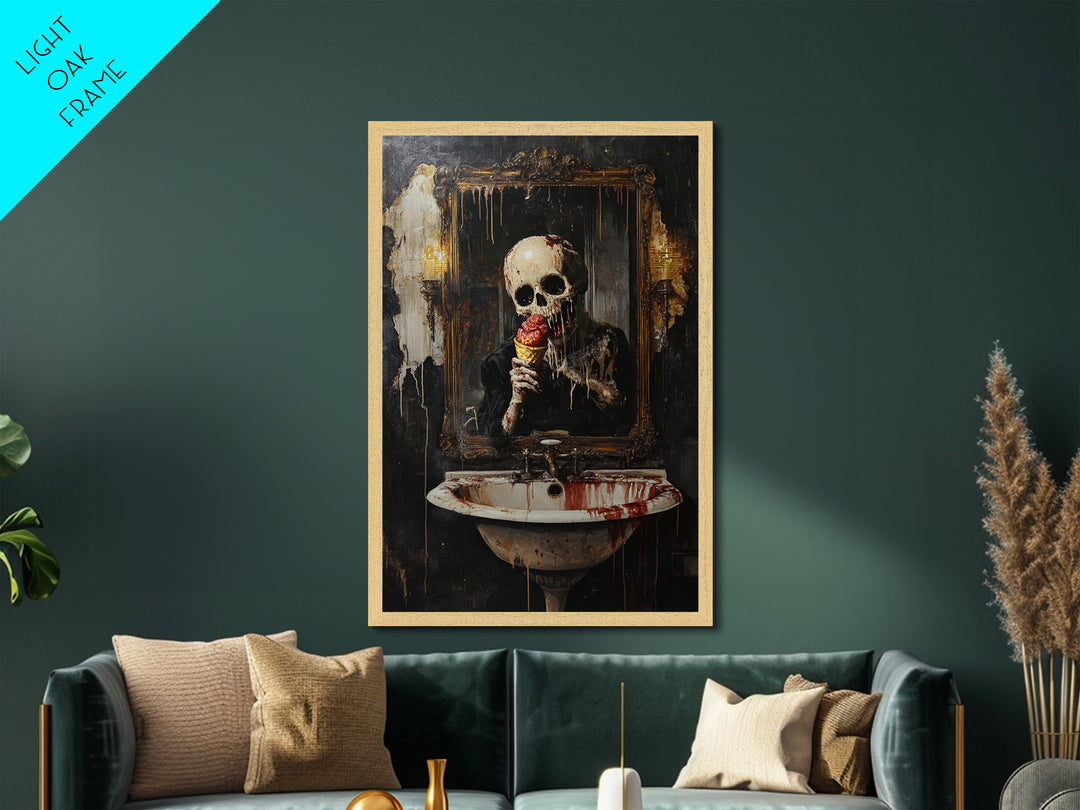 Skeleton Eating Ice Cream Metallic Gold Art, Creepy Gothic Metal Art Wall Hanging, Halloween Horror Artwork in Real Wood Frame