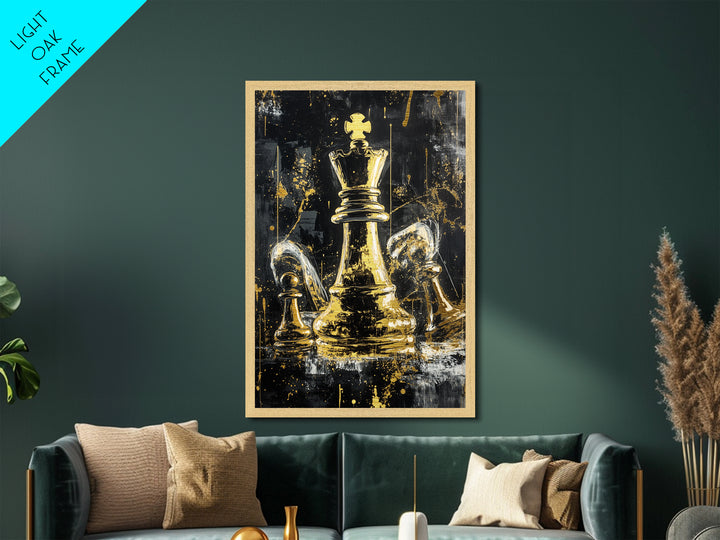 Haunted Chess King Metallic Gold Art, Gothic Horror Metal Art for Halloween Game Room, Creepy Wall Decor with Natural Wood Frame
