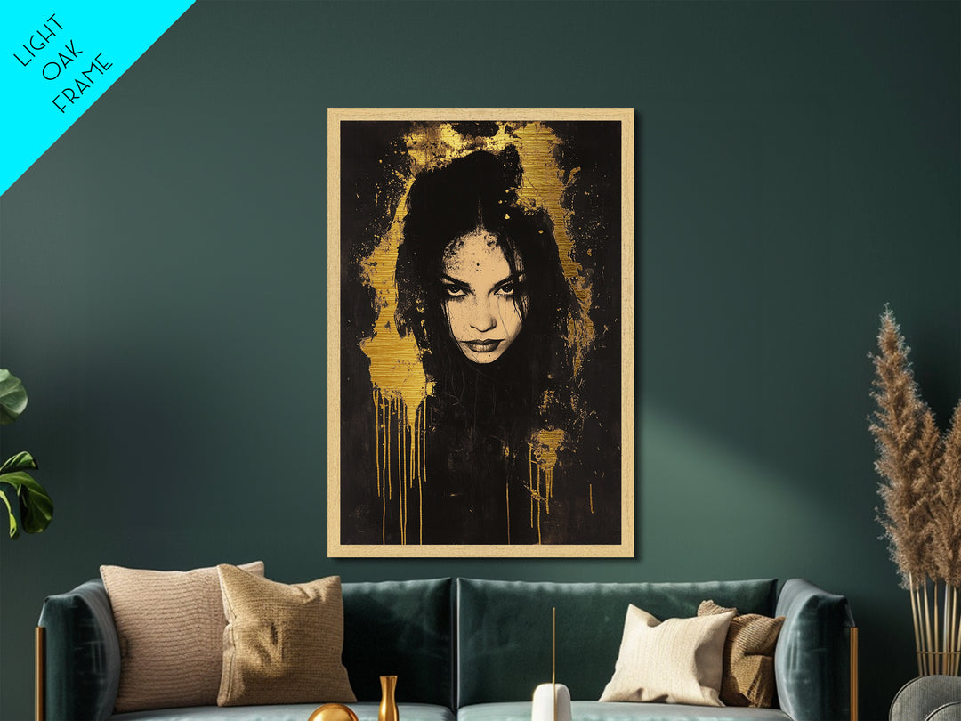 Haunted Woman’s Face Metallic Gold Art, Gothic Spooky Metal Art, Halloween Horror Wall Hanging in Real Wood Frame