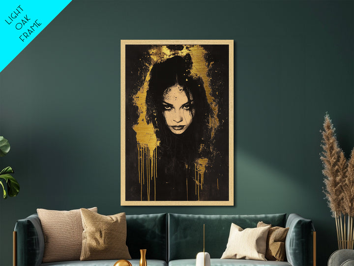 Haunted Woman’s Face Metallic Gold Art, Gothic Spooky Metal Art, Halloween Horror Wall Hanging in Real Wood Frame