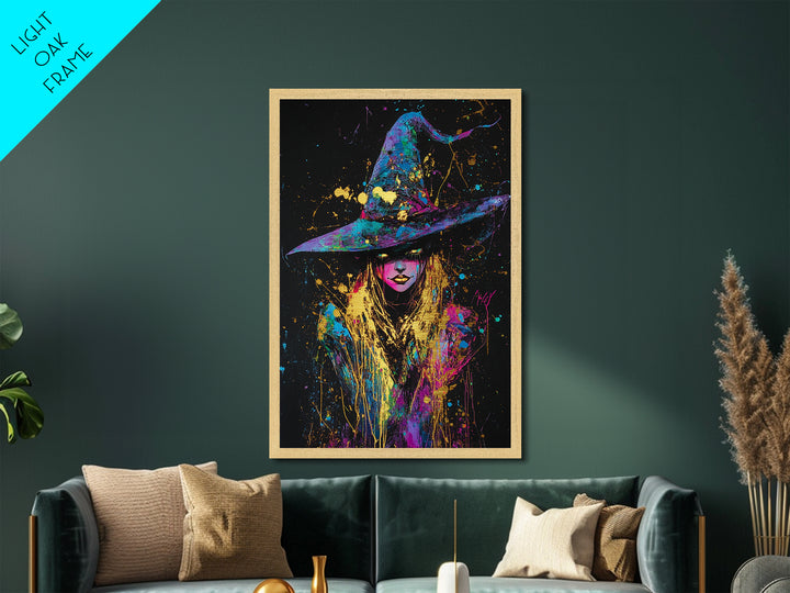 Rainbow Witch Graffiti Art, Metallic Gold Art, Metal Gold Print, Wood Framed Halloween Wall Art