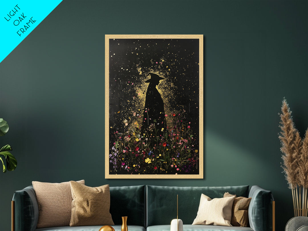 Witchy Garden Silhouette Metallic Gold Art, Spooky Season Wall Decor Metal Art, Framed In Natural Real Wood Gothic Halloween