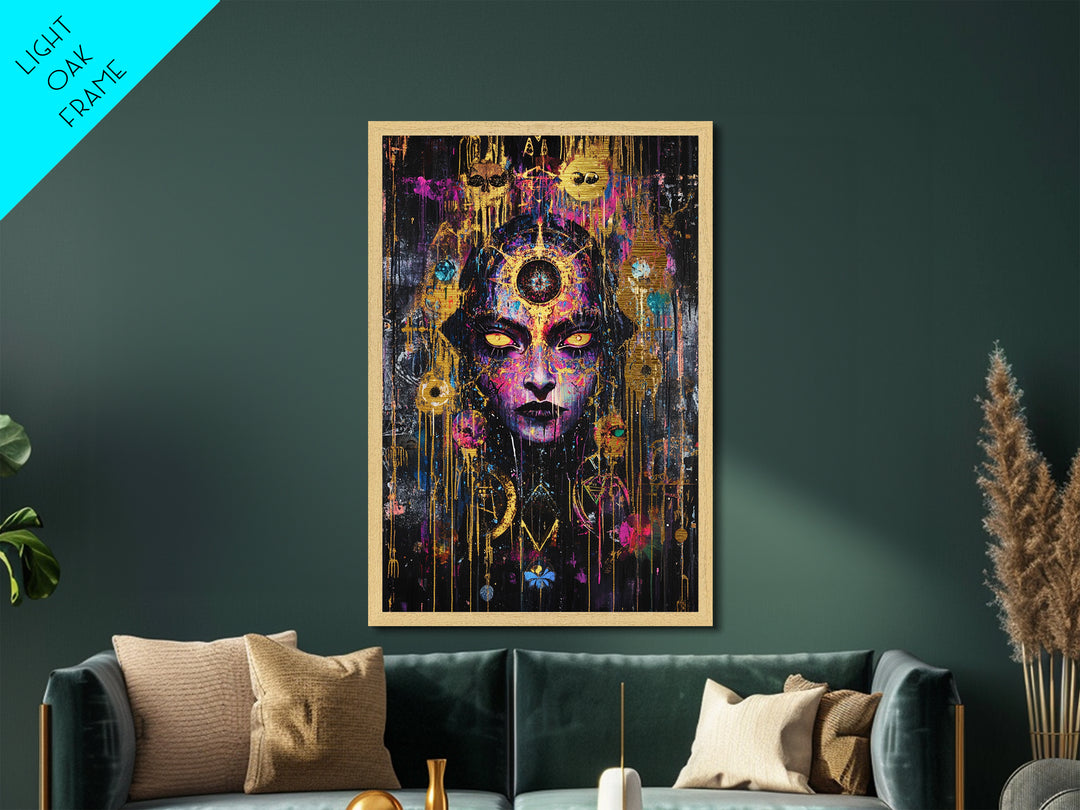 Occult Sorceress Metallic Gold Art, Creepy Psychedelic Face Wall Decor Metal Art, Witchy Halloween Design With Real Wood Frame