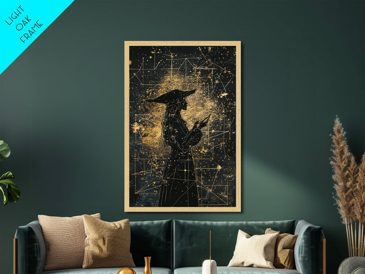 Celestial Witch Metallic Gold Art, Haunted Astrology Wall Decor Metal Art, Spooky Halloween Artwork Framed With Real Wood