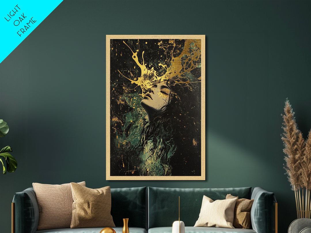Floral Crown Witch Portrait Metallic Gold Art, Haunted Season Metal Art, Gothic Wall Painting with Natural Wood Frame