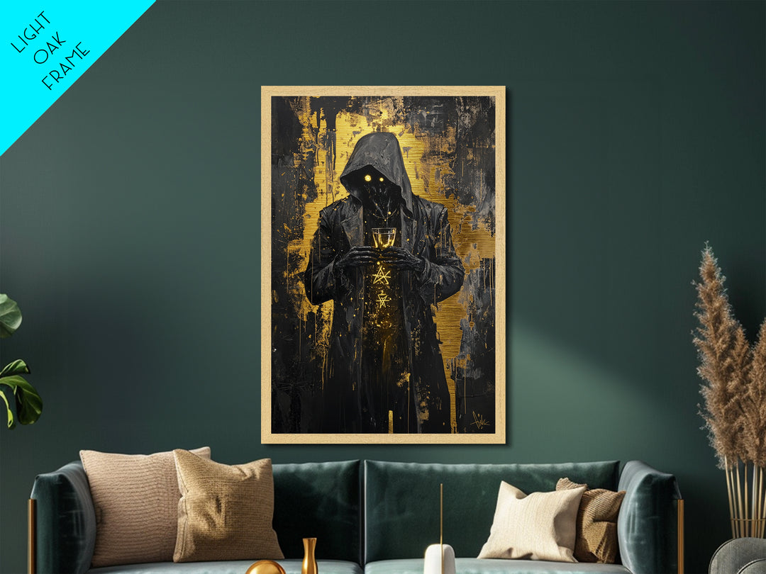 Dark Hooded Figure Metallic Gold Art, Spooky Gothic Horror Portrait Metal Art, Halloween Wall Decor In Real Wood Frame