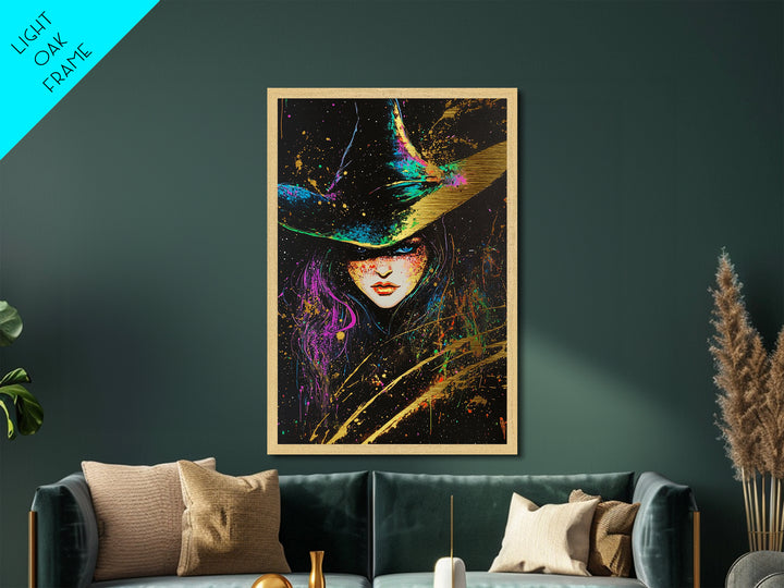 Witchy Woman Halloween Portrait Metallic Gold Art Metal Art With Gothic Spooky Style Framed In Natural Real Wood