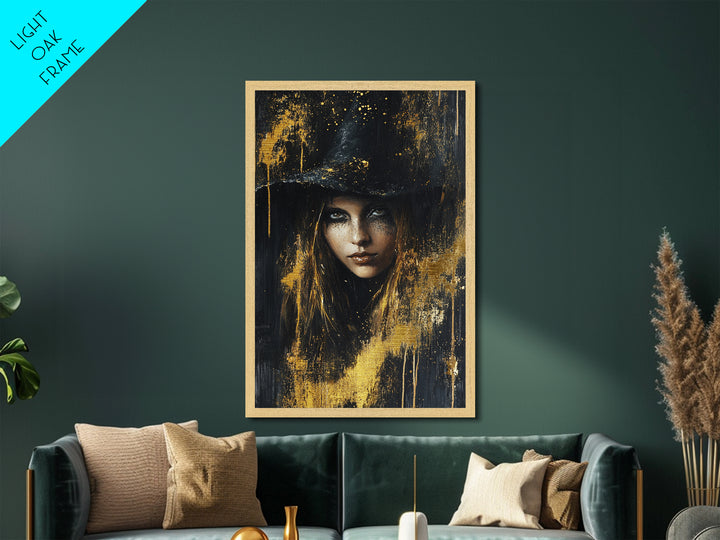 Haunted Golden Witch Metallic Gold Art Metal Art For Halloween Gothic Home Decor With Real Wood Frame
