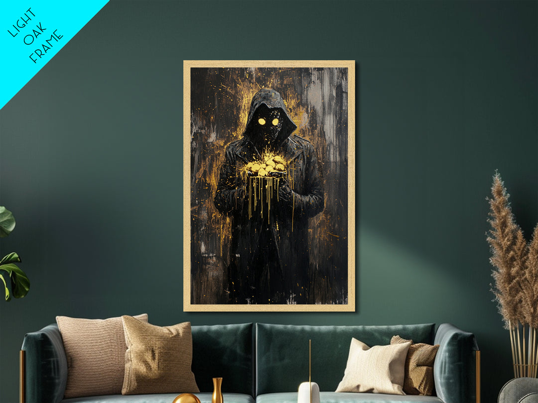 Creepy Hooded Figure Holding Eggs Metallic Gold Art Metal Art Haunted Spooky Season Wall Decor With Natural Wood Frame