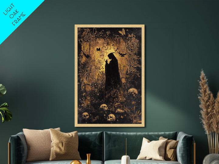 Dark Forest Sorceress Surrounded By Skulls Metallic Gold Art Metal Art Haunted Gothic Style With Real Wood Frame