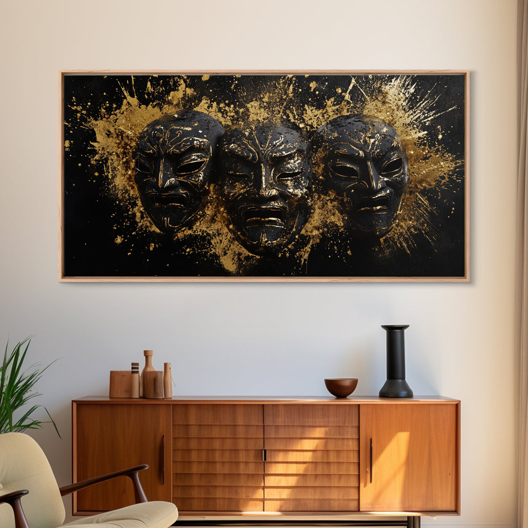 Tribal Drama Mask Gold Canvas Print, Abstract Splatter Art On Canvas, Real Wood Frame Wall Décor, Gothic Theater Artwork