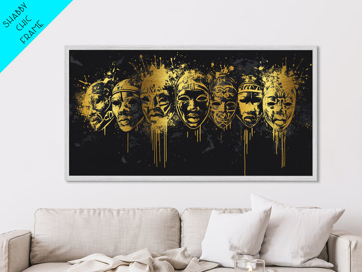 Intricate Regal Mask Metallic Gold Art, Ornate Splatter Metal Print, Real Wood Frame Wall Décor, Dramatic Statement Artwork