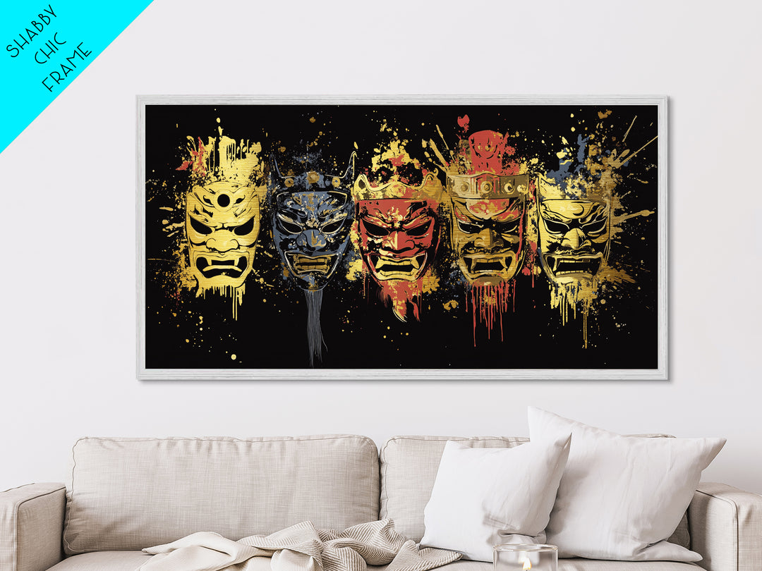 Tribal Mask Metallic Gold Art, Primitive Splatter Metal Print, Real Wood Frame Wall Décor, Ethnic Gothic Statement Artwork