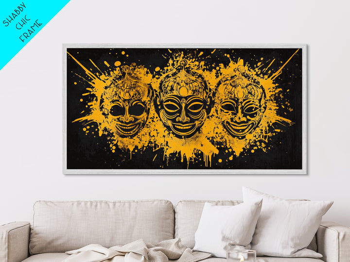 Ancient Warrior Mask Metallic Gold Art, Tribal Splatter Metal Print, Real Wood Frame Wall Décor, Bold Dramatic Statement Art