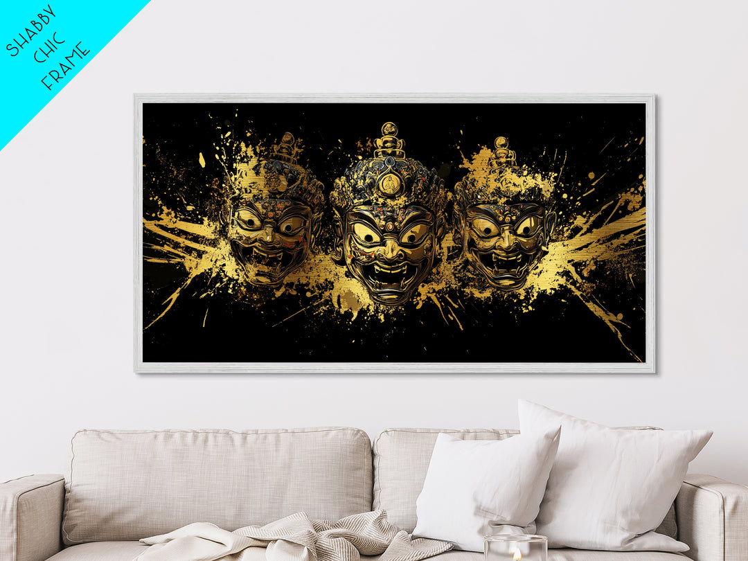 Theatrical Mask Metallic Gold Metal Print, Gothic Splatter Art On Metal, Real Wood Frame Wall Décor, Dark Drama Statement Art