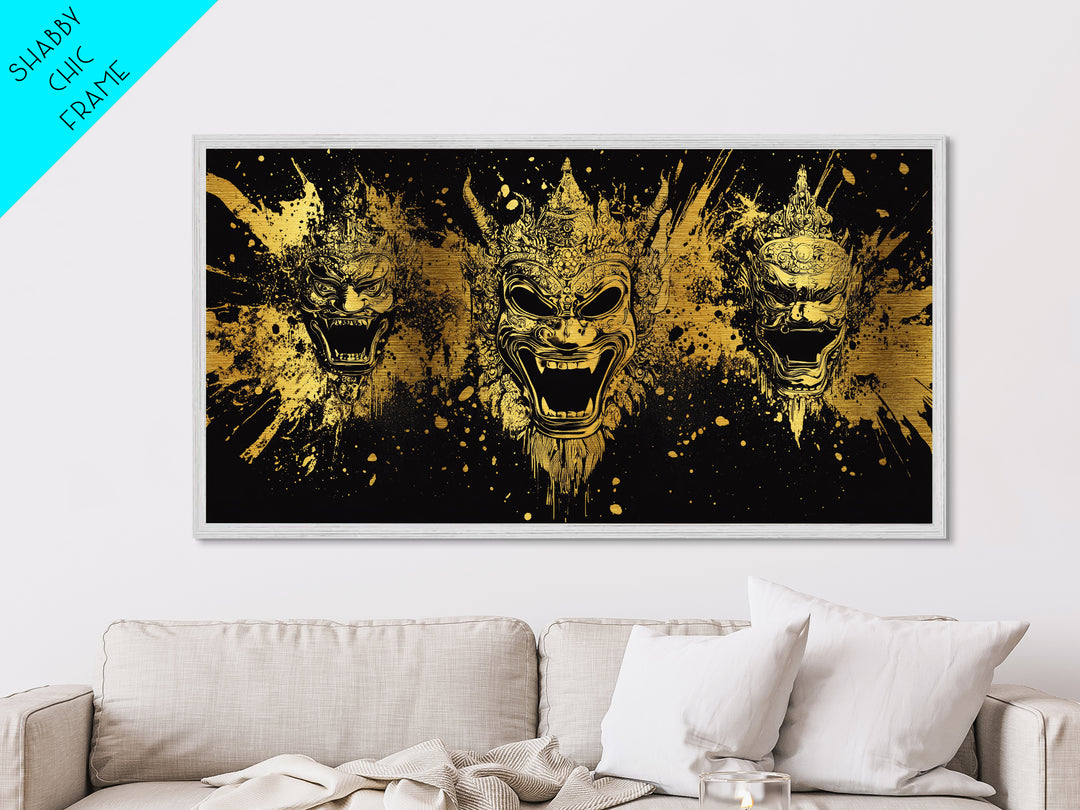 Royal Mask Metallic Gold Art, Splatter Metal Print With Ornate Details, Real Wood Frame Wall Décor, Dramatic Theater Artwork