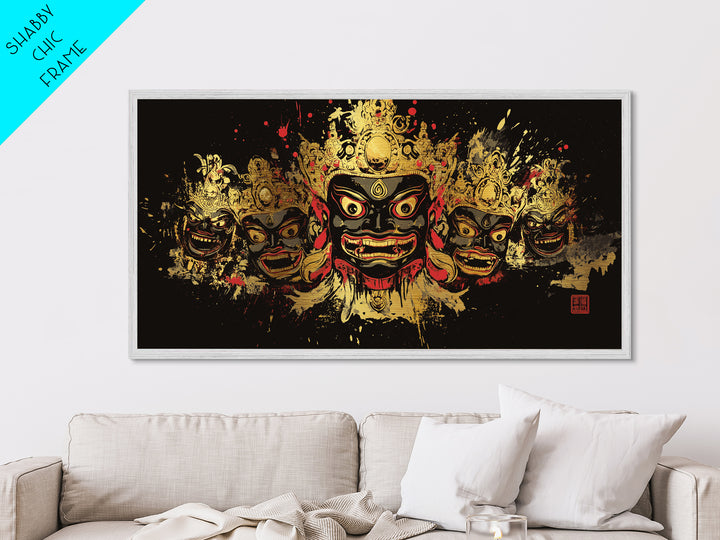 African Tribal Mask Metallic Gold Art, Ethnic Splatter Metal Print, Real Wood Frame Wall Décor, Cultural Bold Statement Artwork