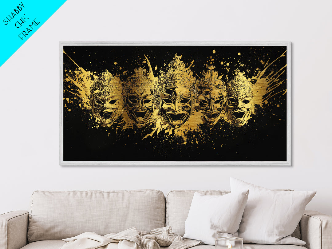 Warrior Mask Set Metallic Gold Art, Splatter Tribal Mask Metal Print, Real Wood Frame Wall Décor, Dramatic Cultural Statement Art