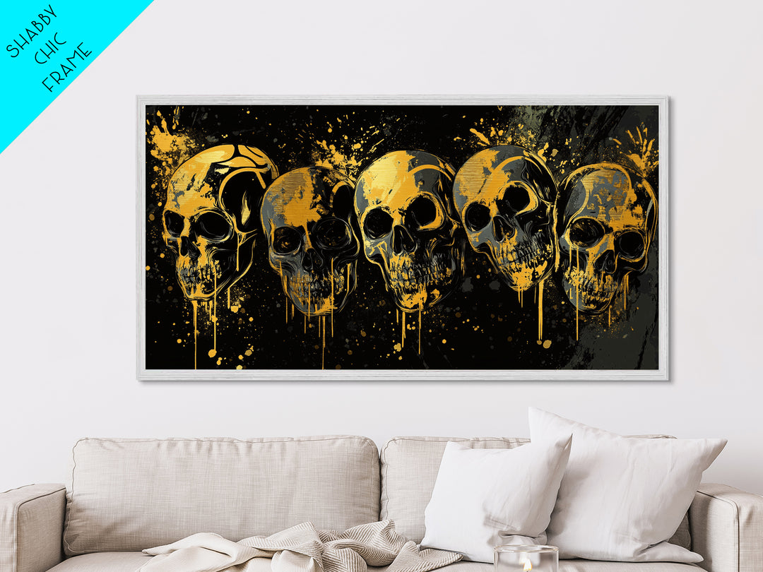 Dark Skull Mask Metallic Gold Metal Print, Splatter Gothic Art On Metal, Real Wood Frame Wall Décor, Macabre Dramatic Wall Artwork