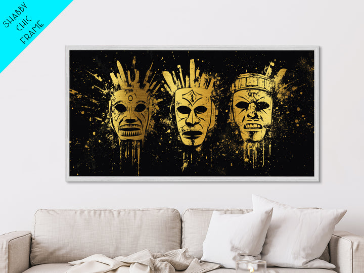 Mystical Sacred Mask Metallic Gold Art, Ornate Splatter Mask Metal Print, Real Wood Frame Wall Décor, Spiritual Bold Statement Artwork