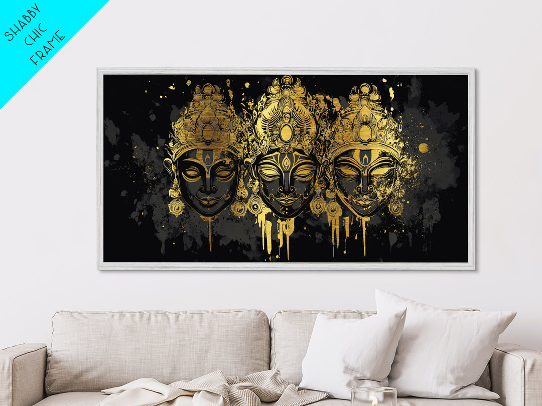 Ornate Demon Mask Metallic Gold Metal Print, Splatter Tribal Art On Metal, Real Wood Frame Wall Décor, Fierce Gothic Statement Artwork