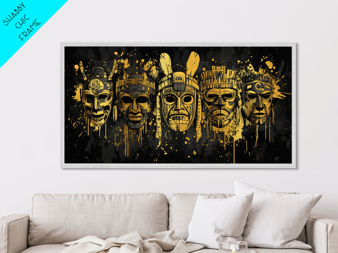 Mythical Demon Mask Metallic Gold Art, Splatter Fierce Mask Metal Print, Real Wood Frame Wall Décor, Bold Dramatic Statement Artwork
