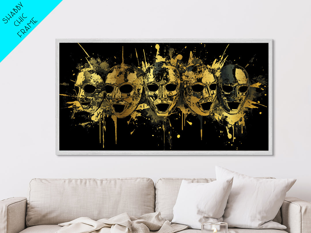 Theatrical Comedy Mask Metallic Gold Metal Print, Splatter Dramatic Art On Metal, Real Wood Frame Wall Décor, Gothic Statement Artwork