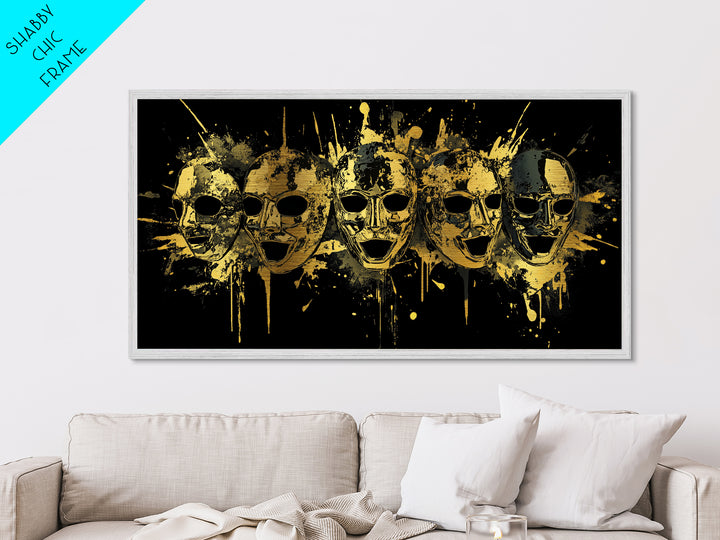 Theatrical Comedy Mask Metallic Gold Metal Print, Splatter Dramatic Art On Metal, Real Wood Frame Wall Décor, Gothic Statement Artwork