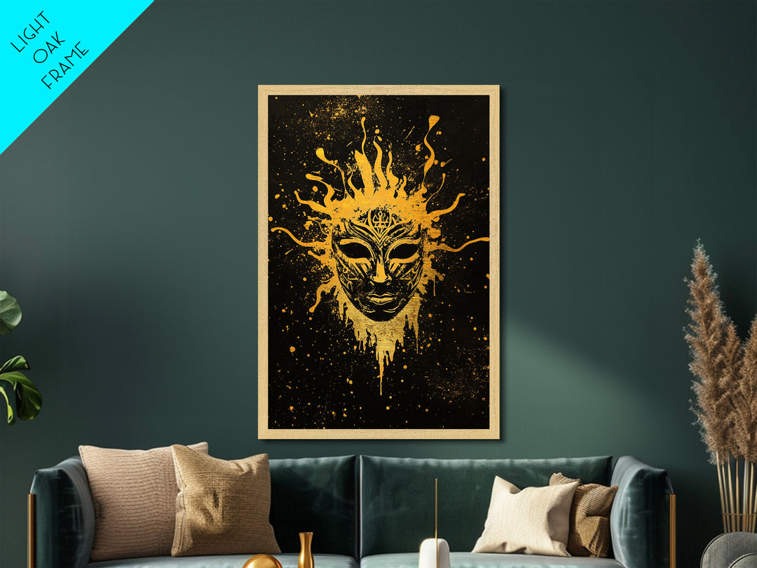 Mystical Tribal Mask Metallic Gold Metal Print, Abstract Face Art, Splatter Style Wall Decor, Real Wood Frame