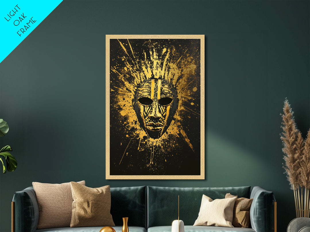 Sacred Tribal Mask Metallic Gold Metal Print, Modern Ethnic Face Art, Spiritual Wall Decor, Real Wood Frame