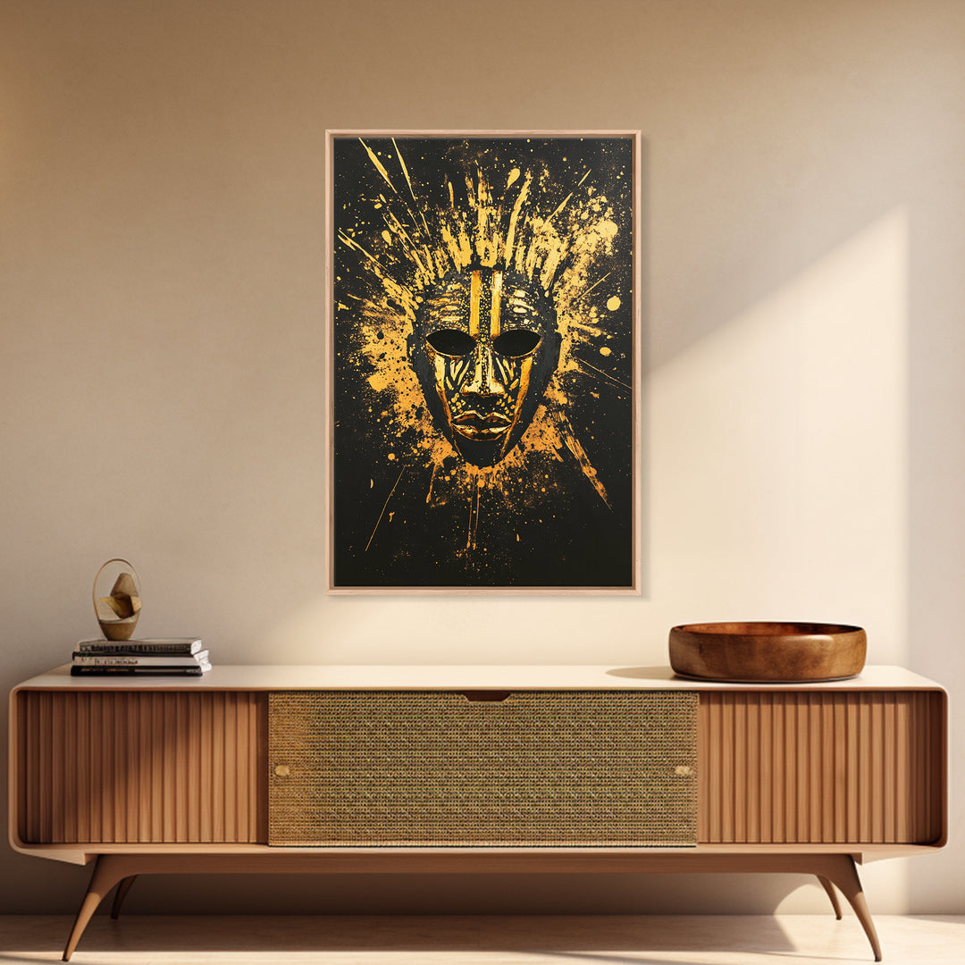Sacred Tribal Mask Gold Canvas Print, Modern Ethnic Face Art, Spiritual Wall Decor, Real Wood Frame
