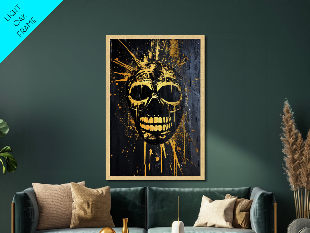 Golden Skull Mask Metallic Gold Metal Print, Dark Gothic Face Art, Horror Splatter Wall Decor, Real Wood Frame