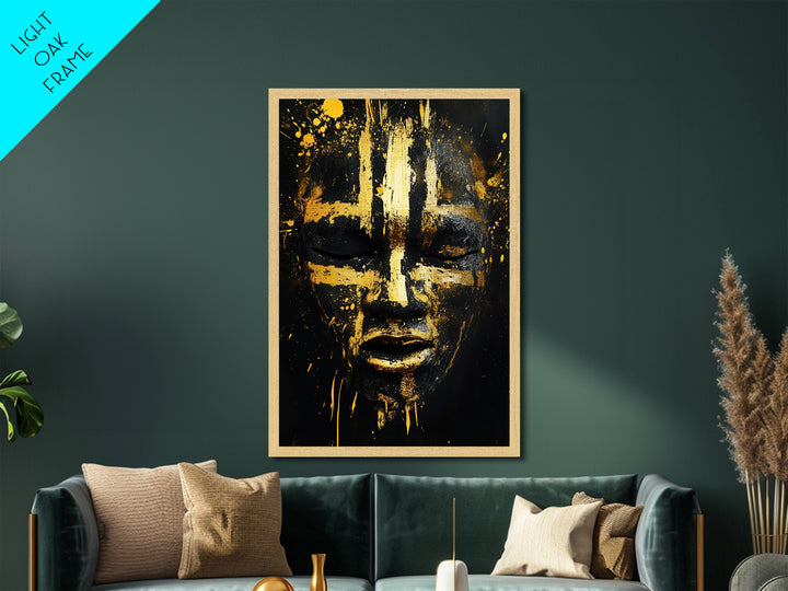 Abstract Painted Mask Metallic Gold Metal Print, Tribal Face Art, Bold Modern Wall Decor, Real Wood Frame