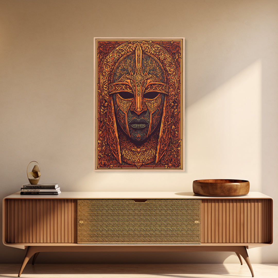 Celtic Warrior Mask Gold Canvas Print, Ornate Medieval Armor Face Art, Mythic Wall Decor, Real Wood Frame
