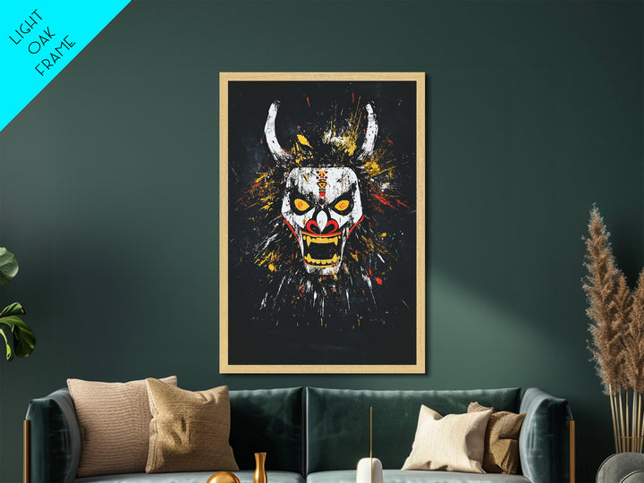 Fiery Demon Mask Metallic Gold Metal Print, Japanese Oni Face Art, Tribal Splatter Style Wall Decor, Real Wood Frame