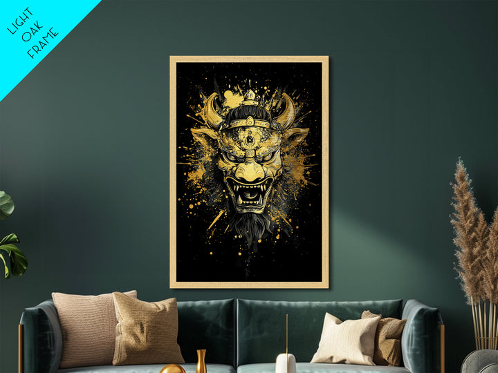 Fierce Demon Mask Metallic Gold Metal Print, Mythical Beast Face Art, Splatter Style Wall Decor, Real Wood Frame