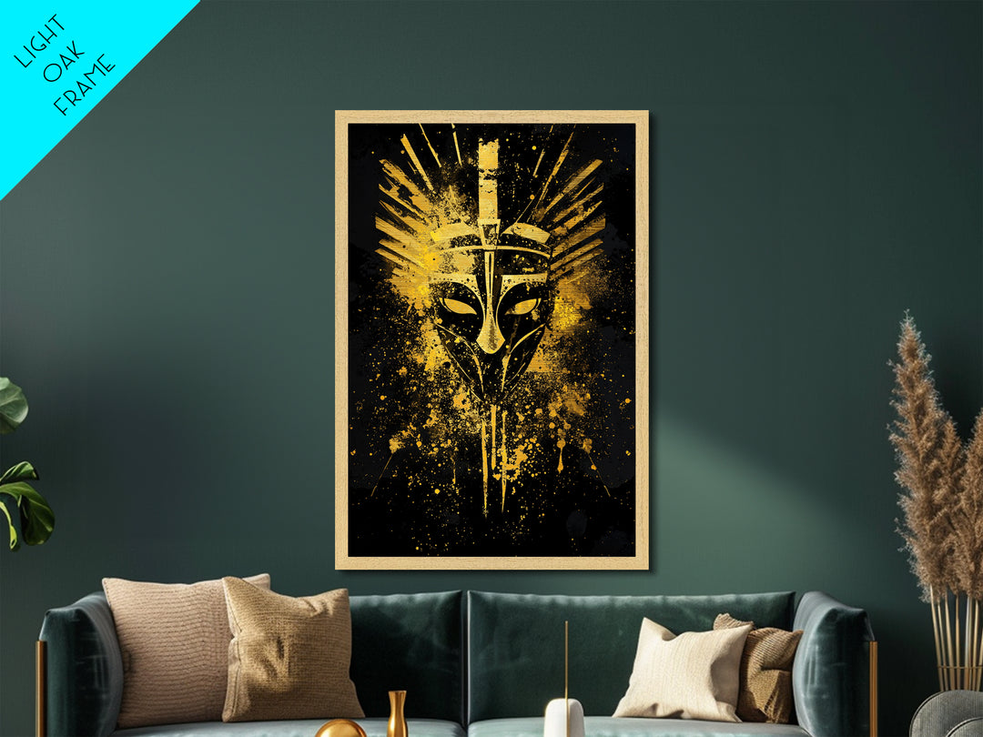Ancient Warrior Mask Metallic Gold Metal Print, Bold Tribal Face Art, Splatter Ink Wall Decor, Real Wood Frame
