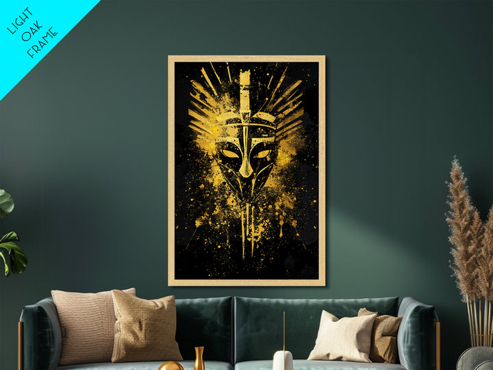 Ancient Warrior Mask Metallic Gold Metal Print, Bold Tribal Face Art, Splatter Ink Wall Decor, Real Wood Frame