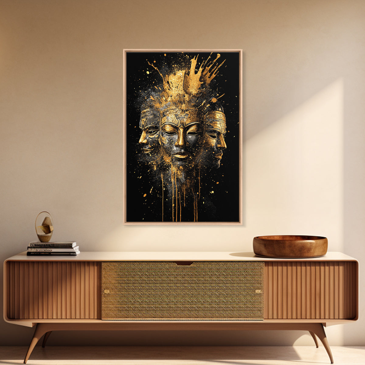 Three Faces Mask Gold Canvas Print, Abstract Spiritual Face Art, Splatter Style Wall Decor, Real Wood Frame