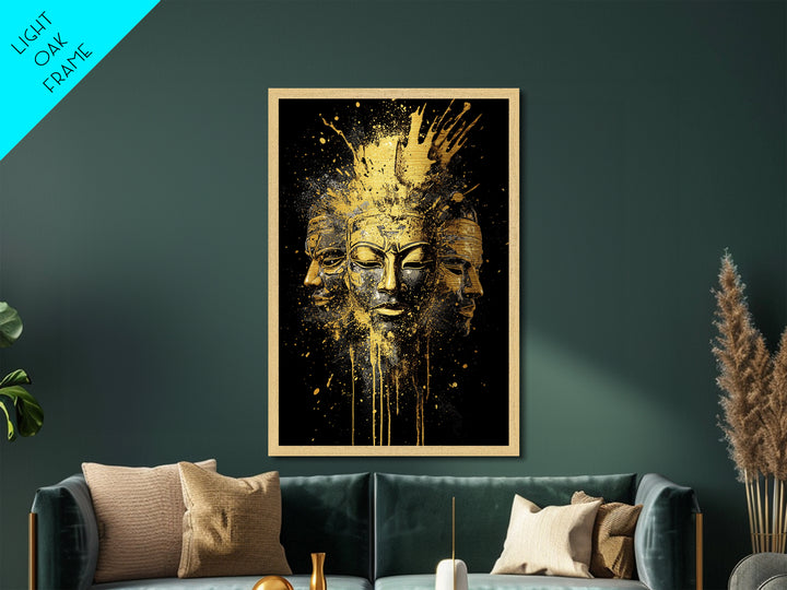 Three Faces Mask Metallic Gold Metal Print, Abstract Spiritual Face Art, Splatter Style Wall Decor, Real Wood Frame
