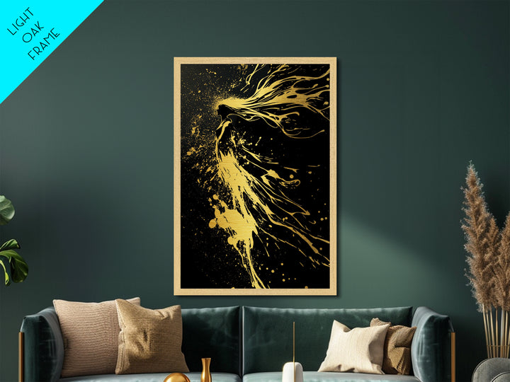 Golden Spirit Woman Metallic Gold Art, Flowing Abstract Female Silhouette, Modern Splatter Wall Decor, Real Wood Frame