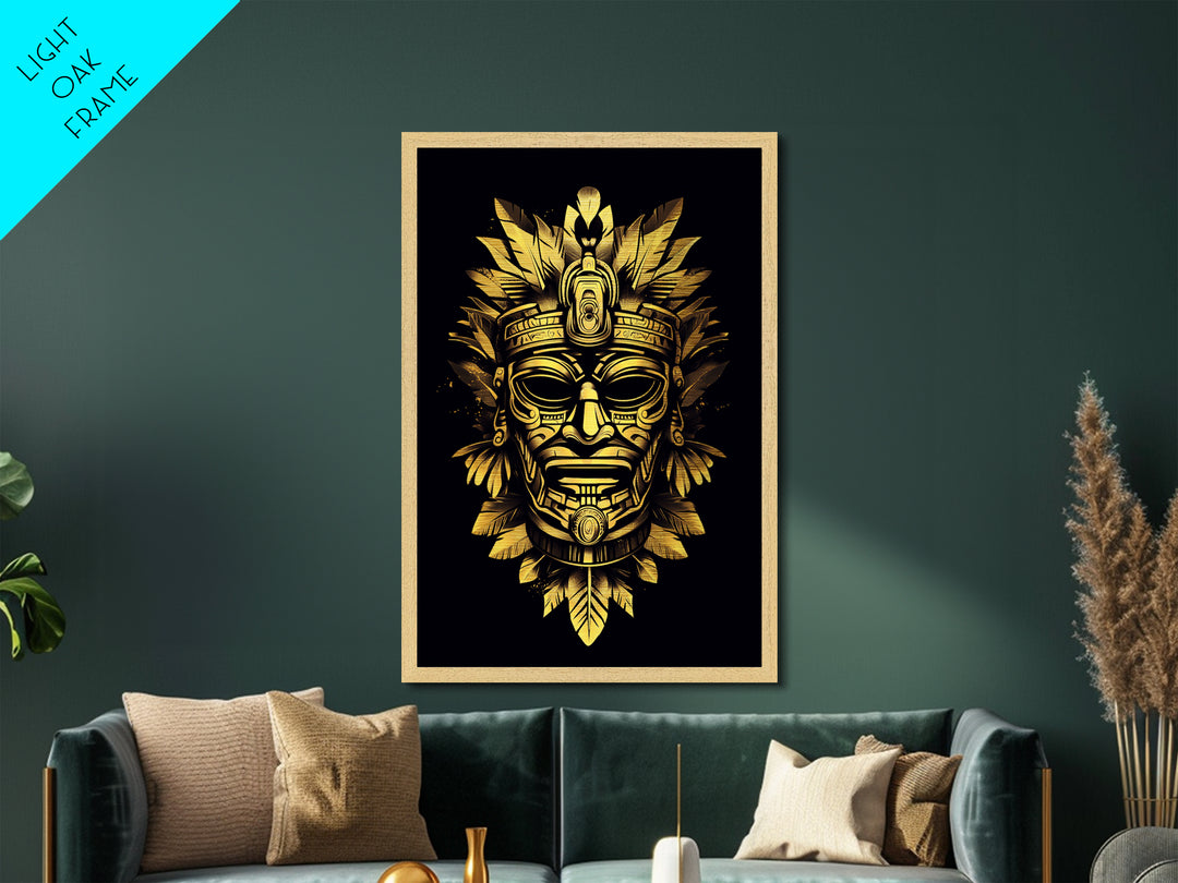 Ancient Aztec God Metallic Gold Metal Print, Ornate Tribal Face Artwork, Ethnic Mythic Wall Decor, Real Wood Frame