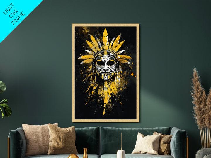 Aztec Skull Mask Metallic Gold Metal Print, Ancient Tribal Face Art, Bold Splatter Style Wall Decor, Real Wood Frame
