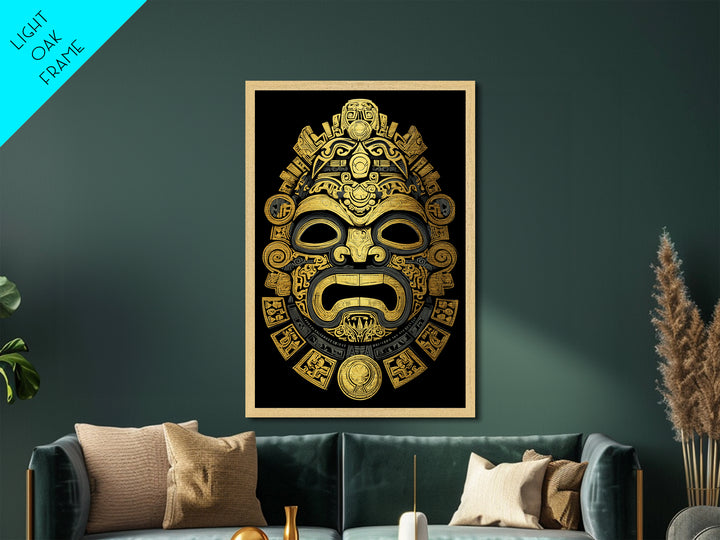 Aztec Feathered God Mask Metallic Gold Metal Print, Ornate Tribal Face Artwork, Ancient Ethnic Wall Decor, Real Wood Frame