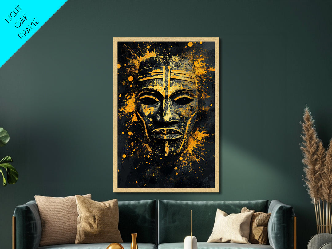 Bakongo Ritual Mask Metallic Gold Metal Print, African Ethnic Face Art, Spiritual Tribal Wall Hanging Decor, Real Wood Frame