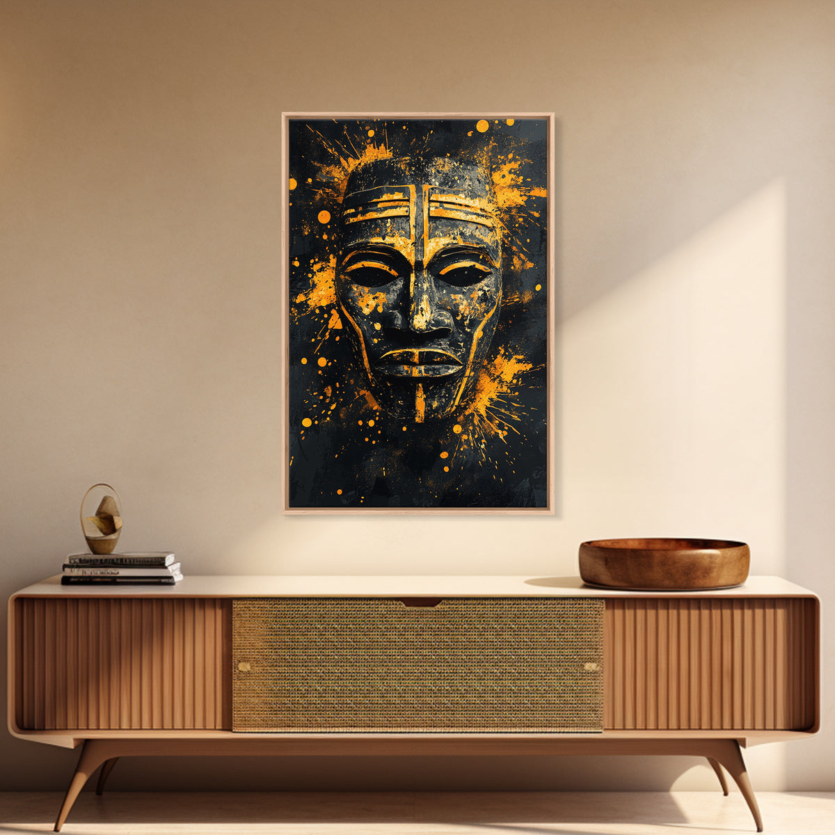 Bakongo Ritual Mask Gold Canvas Print, African Ethnic Face Art, Spiritual Tribal Wall Hanging Decor, Real Wood Frame
