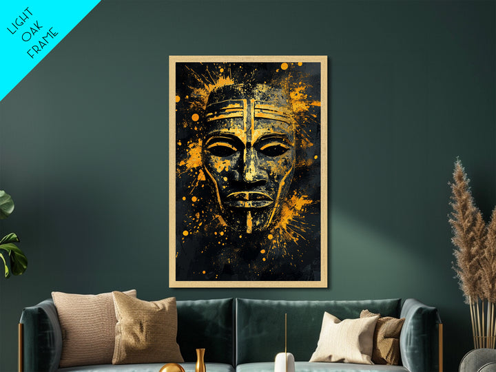 Bakongo Ritual Mask Metallic Gold Metal Print, African Ethnic Face Art, Spiritual Tribal Wall Hanging Decor, Real Wood Frame