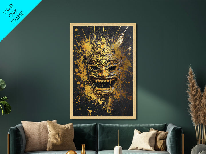 Balinese Demon Mask Metallic Gold Metal Print, Ornate Tribal Face Art, Mythical Splatter Style Wall Decor, Real Wood Frame