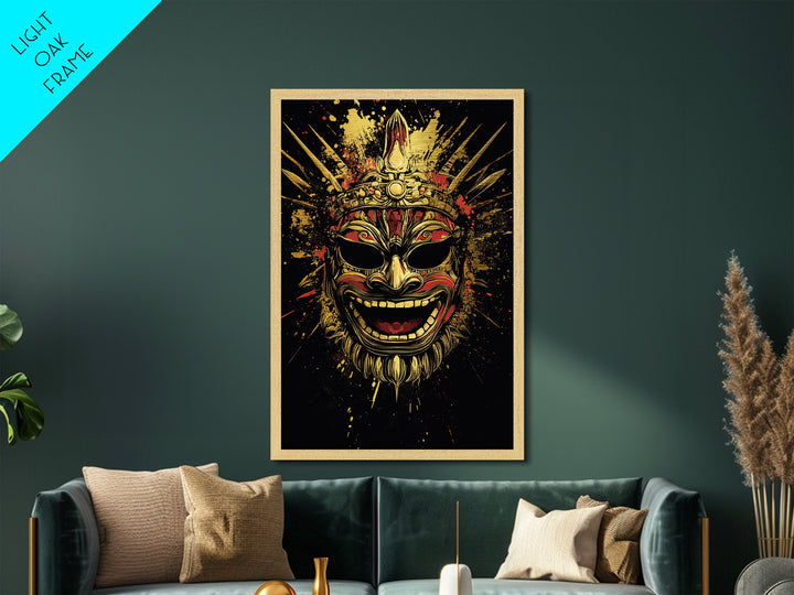 Balinese Guardian Mask Metallic Gold Metal Print, Ornate Tribal Face Artwork, Cultural Ethnic Wall Decor, Real Wood Frame