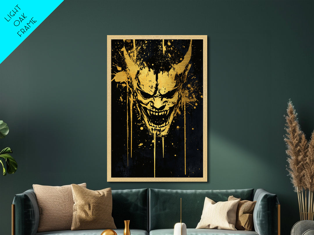 Demonic Splatter Mask Metallic Gold Metal Print, Fierce Abstract Face Art, Bold Horror Inspired Wall Decor, Real Wood Frame